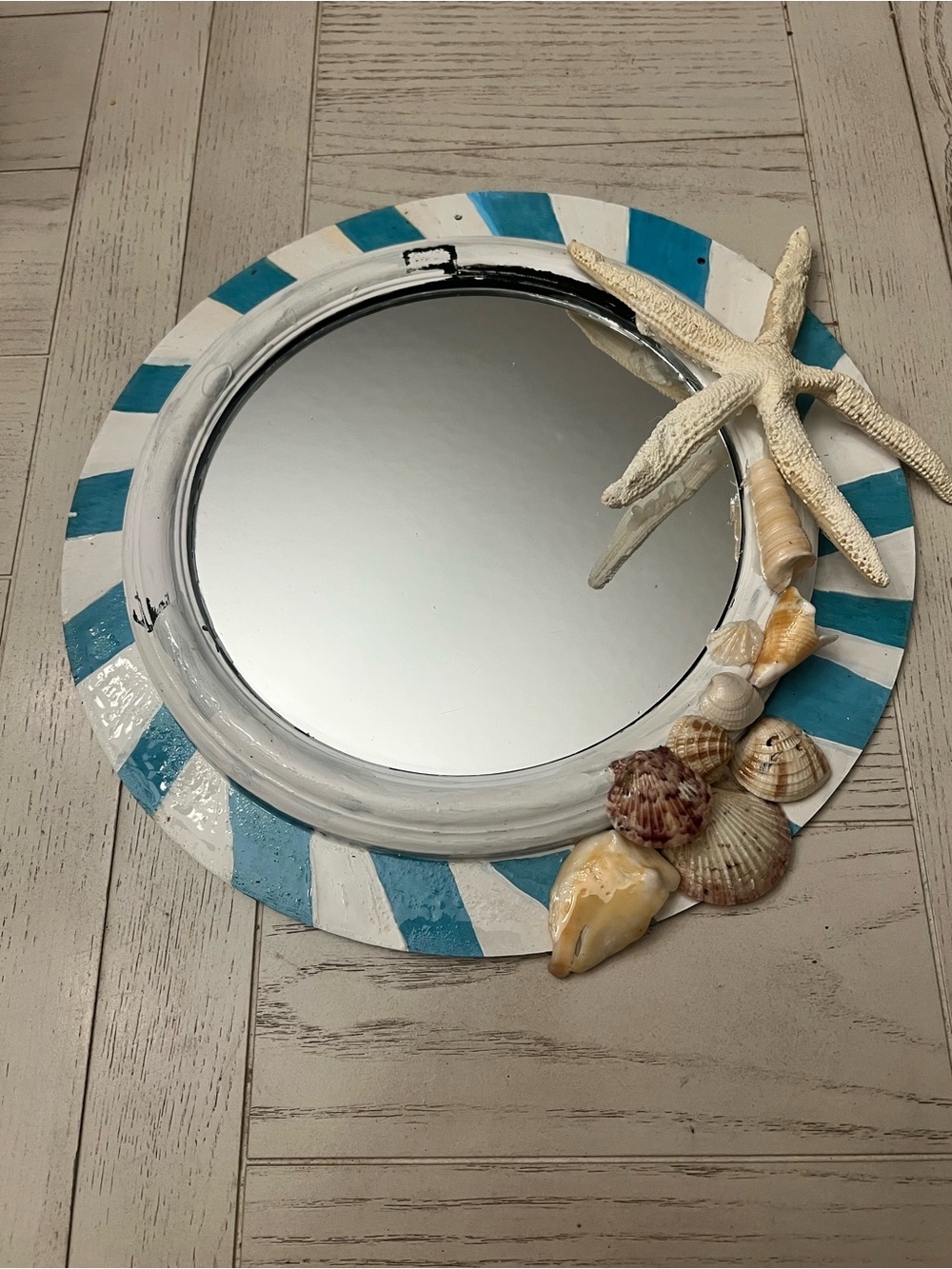 Handcrafted Coastal Striped Round Wall Mirror with Shell Accents- 12” Blue/White